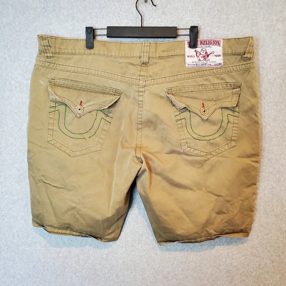 True Religion Billy Super T Shorts Size 42 Green Baggy Distressed Flap Pockets